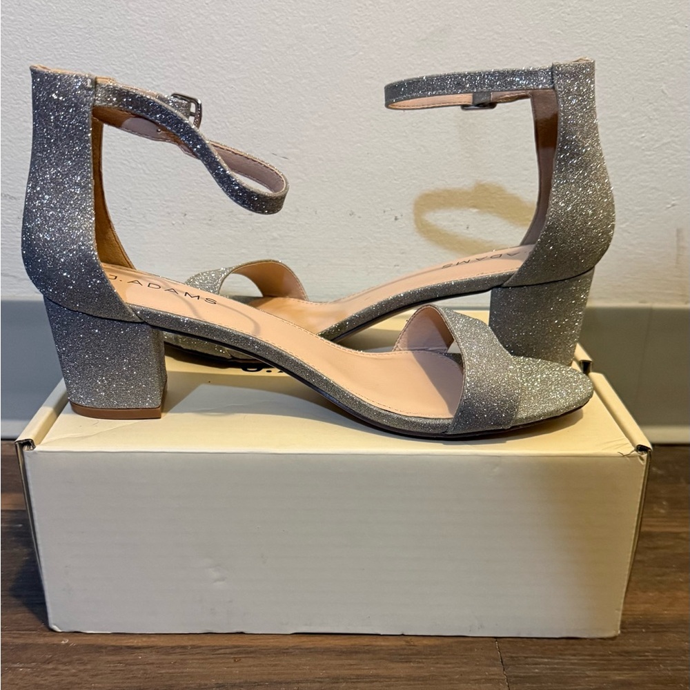 J Adams Silver Glitter Ankle-Strap Block Heel Sandals
